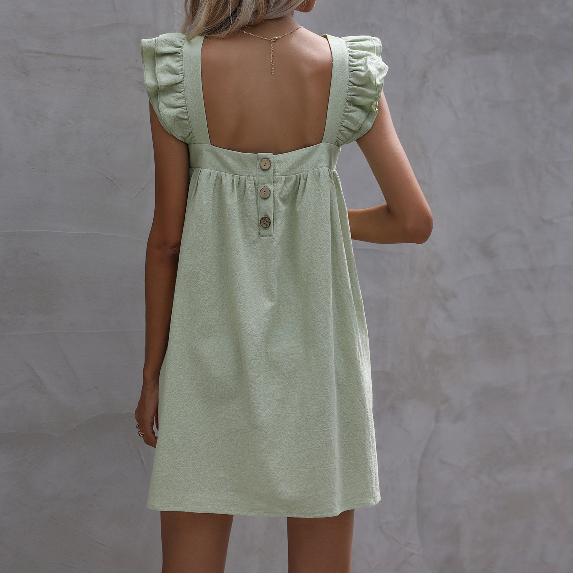 Cotton Linen Solid Color Sling Ruffled Square Neck Dress NSYYF113940