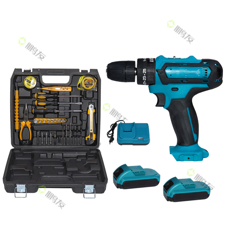 Taladro de mano de impacto eléctrico transfronterizo, destornillador, taladro de litio, taladro de carga de batería de litio de doble velocidad multifuncional