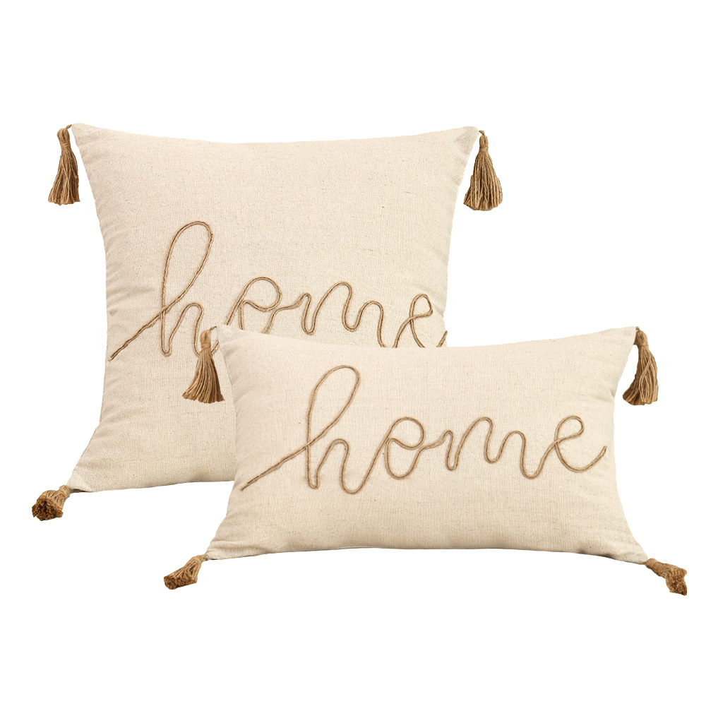 Funda de almohada bordada con cuerda de cáñamo nórdico transfronterizo Espiga colgante de cuatro esquinas Almohada pastoral retro Sala de estar Almohada de sofá Almohada de cintura