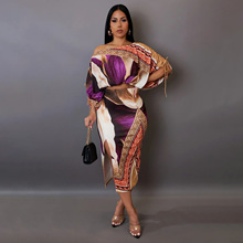 K10796一件起订亚马逊欧美时尚女装定位印花露肩开叉半身裙套装