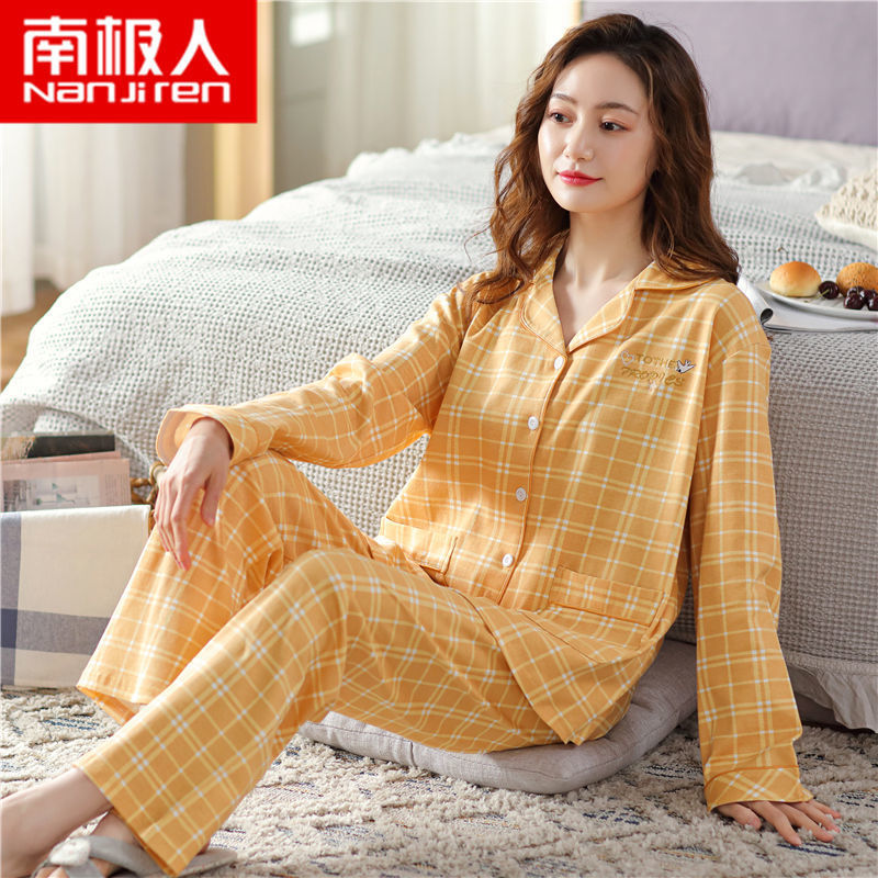 100% pijamas de algodón de primavera y otoño de las mujeres de manga larga suelta más tamaño desgaste del hogar traje de dos piezas desgaste exterior