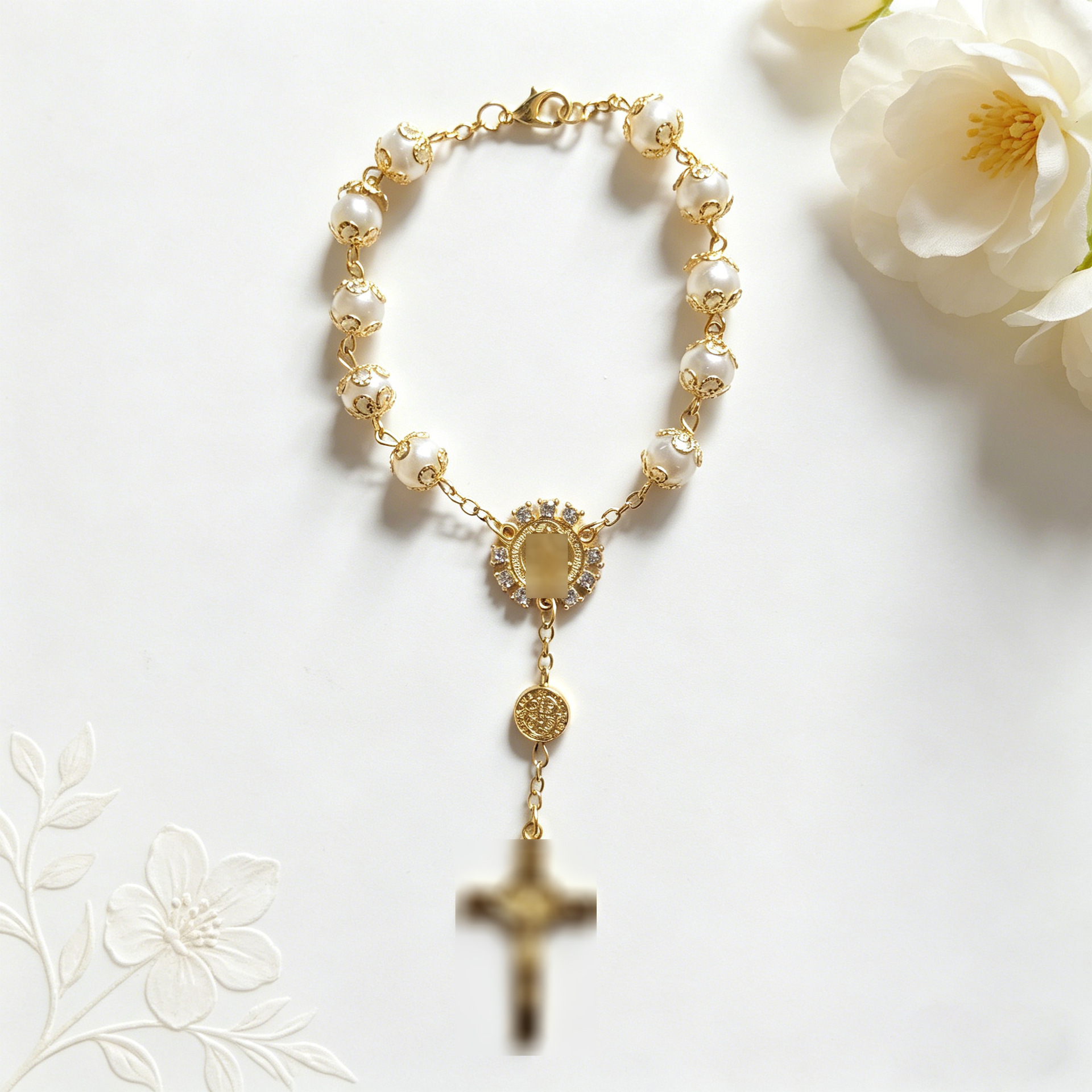 Rosary Bracelet, Gold and Silver Lace Glass Imitation Pearl Bracelet, Amazon 8mm Cross Beads