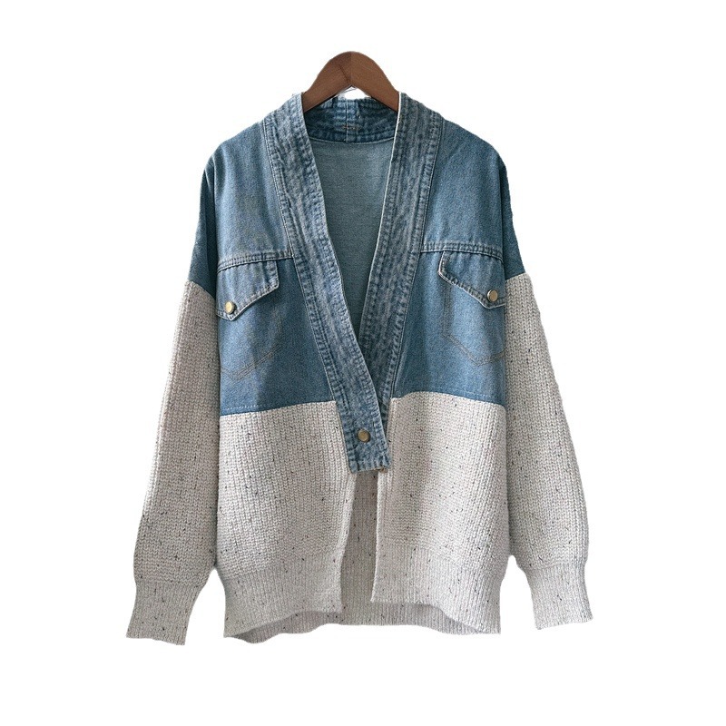 Damenbekleidung Denim-Nähte Design Strickjacke Herbst und Winter neue koreanische Art und Weise lose Pulloverjacke_voghion.com
