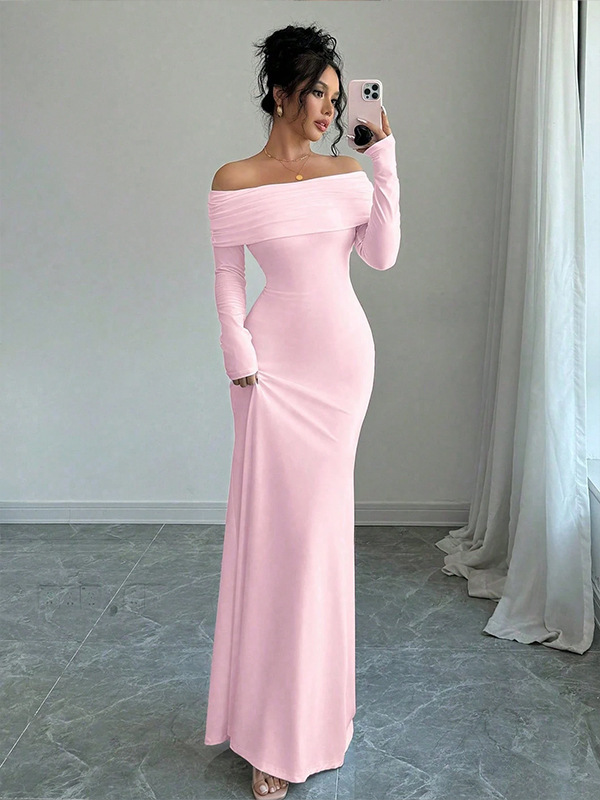 外贸礼服欧美女式女装 时尚优雅一字露肩交叉露背紧身长款连衣裙|undefined