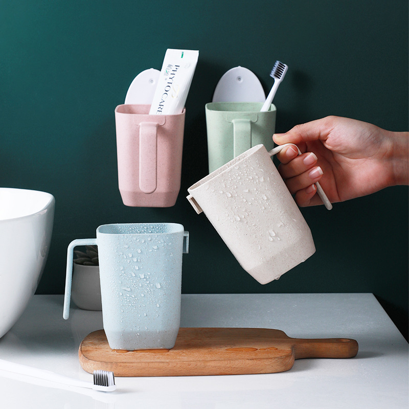 Paja DE TRIGO hogar de los niños portátil enjuague bucal Copa montado en la pared de lujo de estilo japonés taza de plástico resistente a la caída con mango