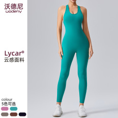 跨境歐美瑜伽連體衣中空美背高彈一體式裸感緊身長褲帶罩杯瑜伽服