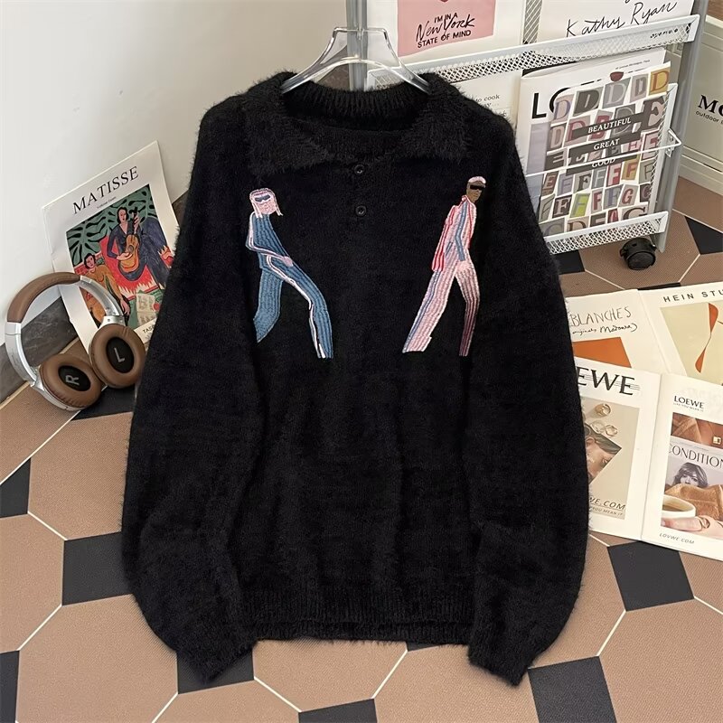 폴로 칼라 스웨터 남성 가을, 겨울 스웨터 아메리칸 스타일 INS 트렌드 느슨한 게으른 스타일 커플 디자인 탑