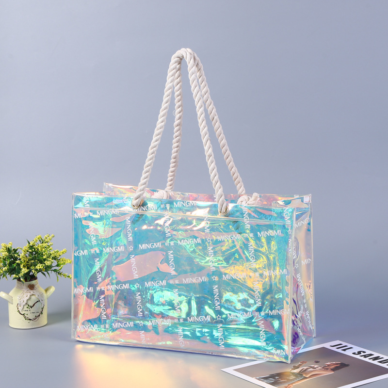 PVC镭射手提袋定购幻彩透明果冻创意礼品化妆品包装袋印logo可定