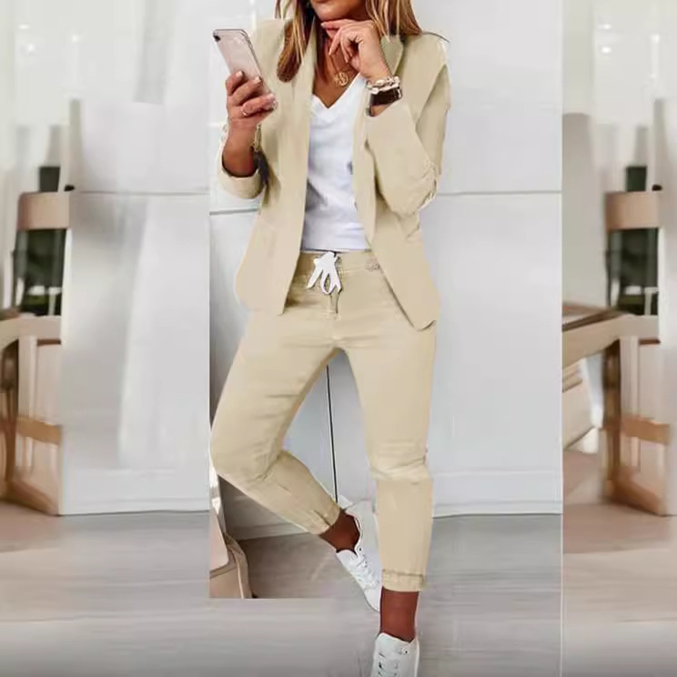 Stylowa damska niebieska marynarka z długim rękawem i otwartym przodem, kardigan w jednolitym kolorze, strój biurowy, swobodny i elegancki_voghion.com