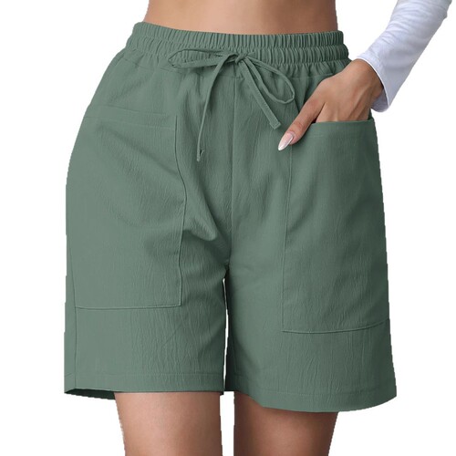 2025 European and American Cross-border Summer New Loose Linen Casual Short Pants with Pockets Solid Color Plus Size High-Waist Wide Leg Pants for Women