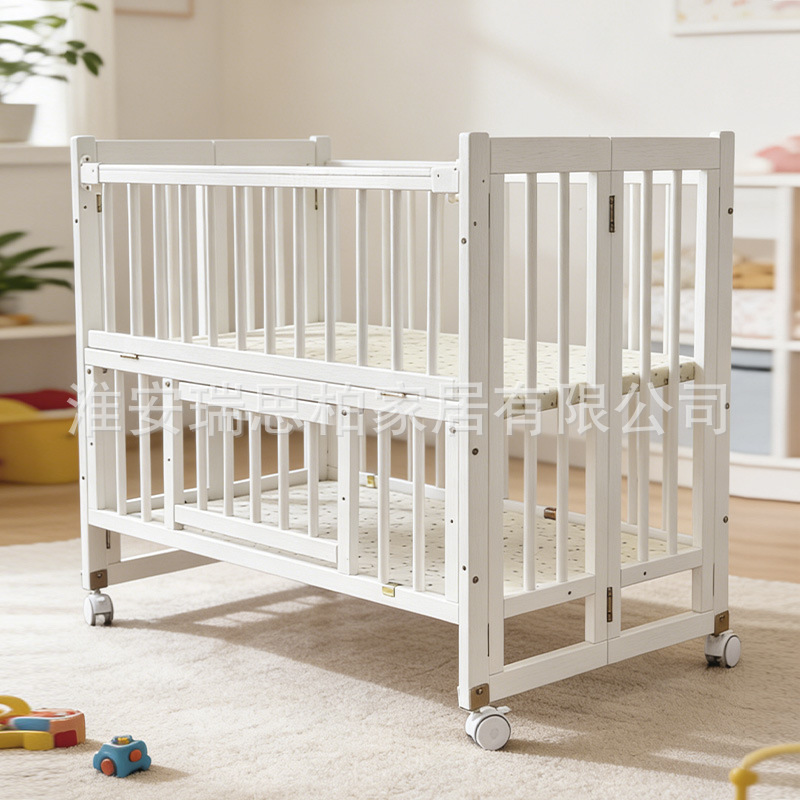 Solid wood baby crib, foldable, with storage, suitable for small spaces, with universal wheels, newborn baby splicing bed, wholesale for foreign trade