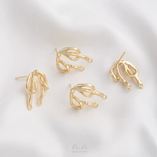 保色14K包金丝带蝴蝶结双吊环耳钉带吊diy手工双挂耳环耳饰品材料