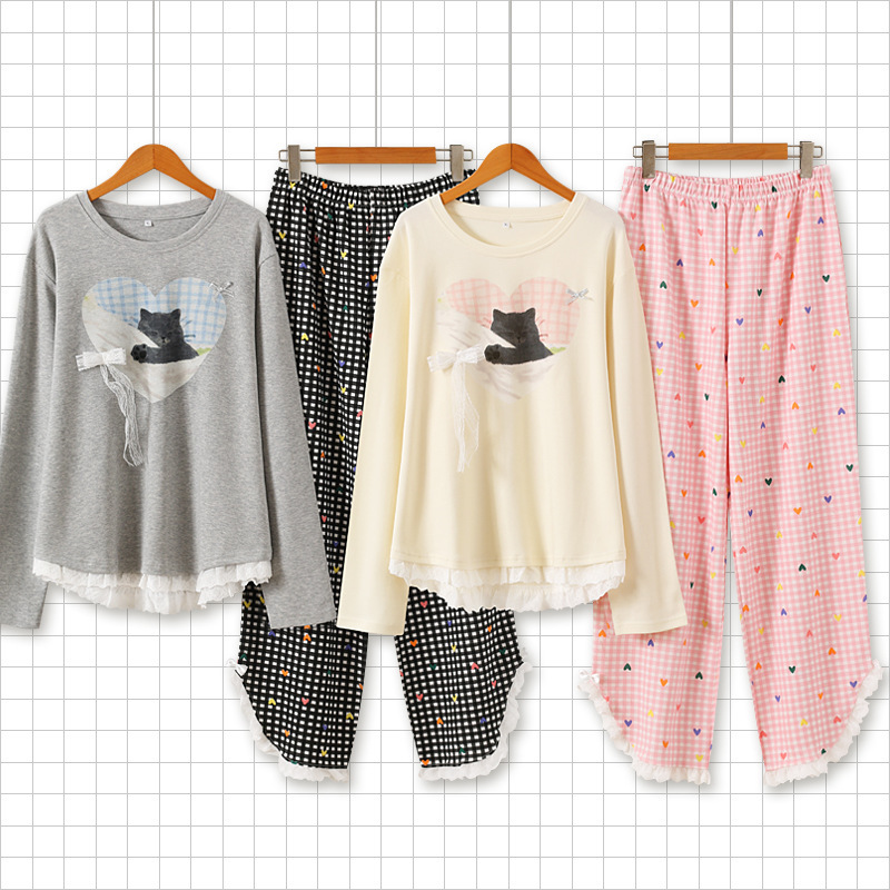 Autumn and Winter New Lace Heart Nap Cat Long-Sleeved Pants Loose Home Wear Pajamas Set Can Be Worn Outside