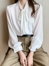 蝴蝶结职业装白色衬衫女春装新款飘带领长袖宽松洋气雪纺上衣