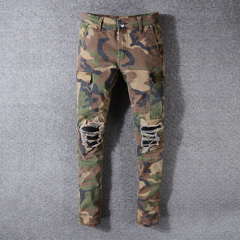 536 High Street Trendy Brand Multi-Pocket amiri Jeans Patch Camouflage Ripped Stretch Slim-Fit Pants