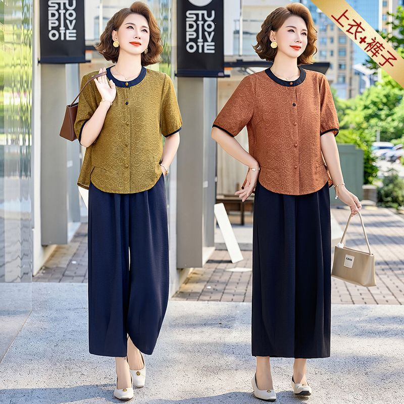 Retro Chinese Style Suit for Mom, Summer Short-Sleeved Shirt Two-Piece Set, Ultra-Thin Breathable Middle-Aged and Elderly Women's T-Shirt Set