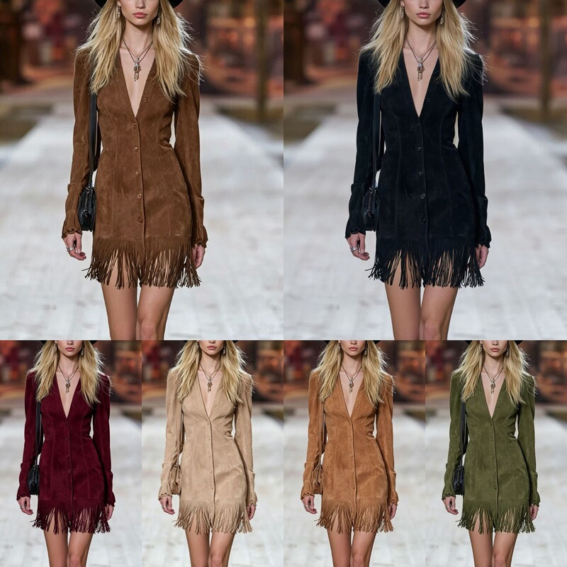 2026 Autumn New American Western Style Suede Fringe Dress with Deep V Neck, Slim Waist, European and American Style, Ruffle Sleeves, Fringe Dress 2026 Autumn New American Western Style Suede Fringe Dress with Deep V Neck, Slim Waist, European and American Style, Ruffle Sleeves, Fringe Dress