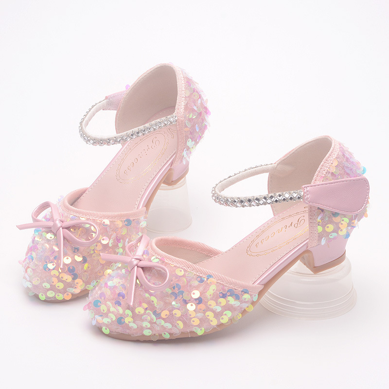 Girls' Sandals Spring and Autumn Children's Princess Shoes Sequined Mermaid Crystal Shoes Little Girl's Leather Shoes Hollow Baotou High Heels