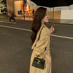 レディースミドル丈トレンチコート 2025春新作 韓国風 インス風 膝丈 カーキ色 イギリス風 学生コート