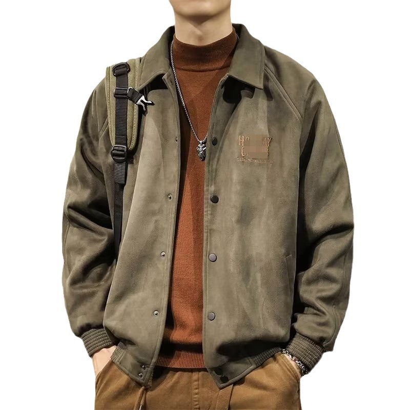 Gris verde Suede solapa uniforme de béisbol los hombres sueltos primavera y otoño pesado americano chaqueta casual superior