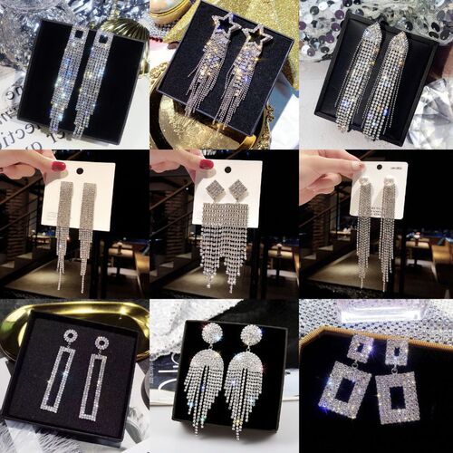 Stylish, exaggerated full-diamond tassel earrings for women—elegant, celebrity-inspired long drop designs that create a slimmer-looking face; trendy online ear accessories with eye-catching appeal.
