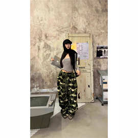 复古迷彩抽绳休闲裤女秋冬加绒加厚高腰阔腿裤子显瘦直筒拖地长裤