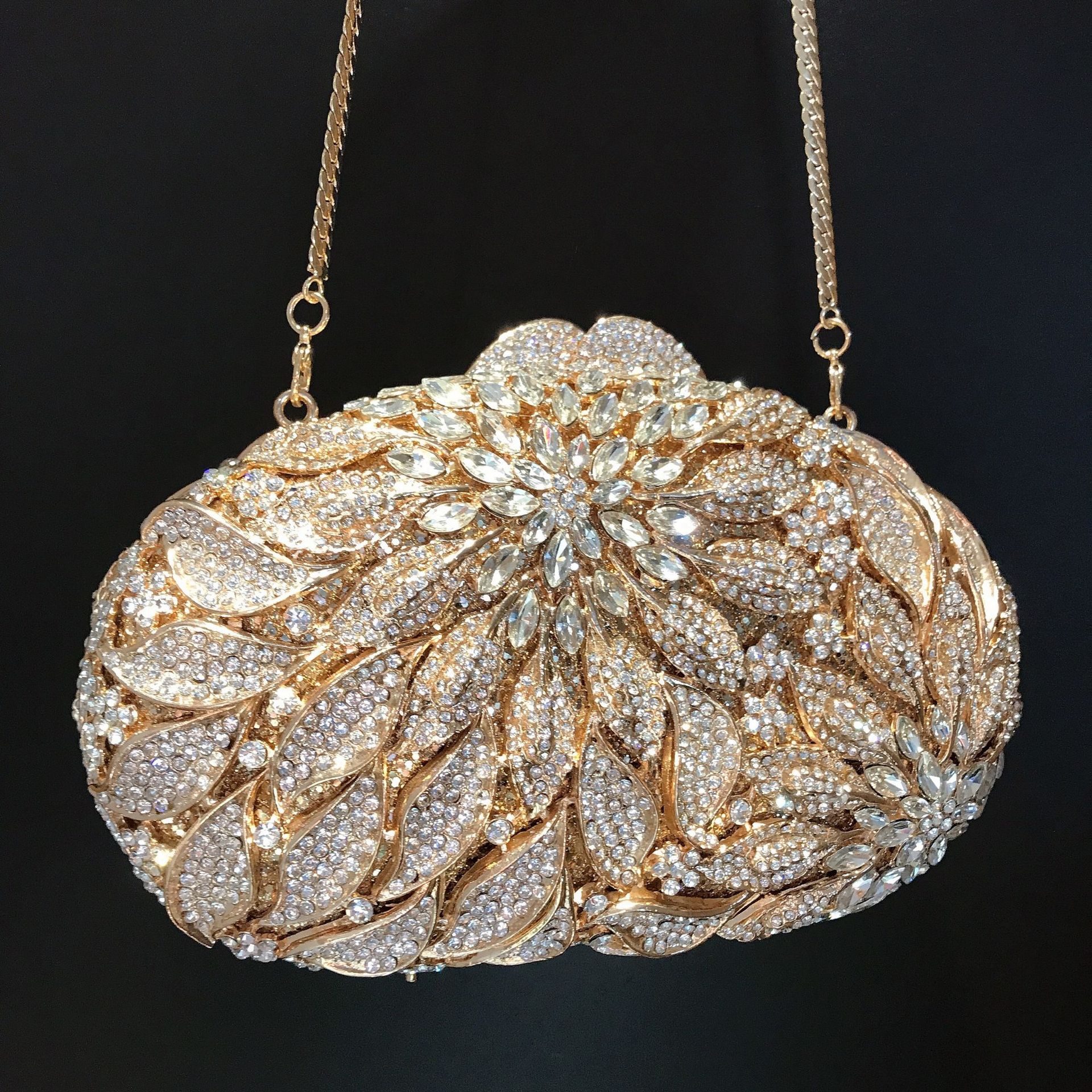 Synthetic Leather Lining Material Hollow, Diamond Fashion Element Silver Champagne Rhinestone Metal Leaves Flower Hollow Diamond Oval Evening Bags