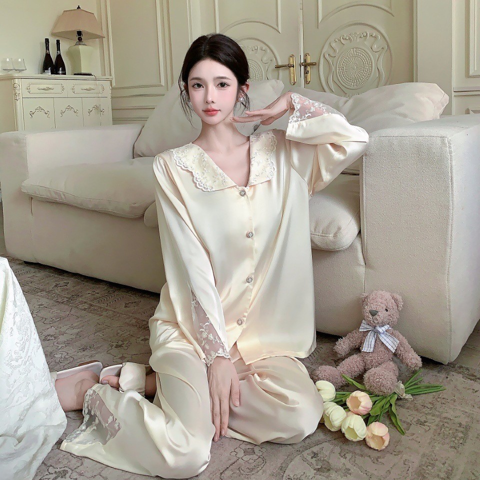 여성과 소녀를 위한 새로운 궁전 스타일 잠옷, 집에서 입을 수 있는 옷, 프렌치 실크 봄, 가을 긴팔 양복, 아이스 실크 가디건