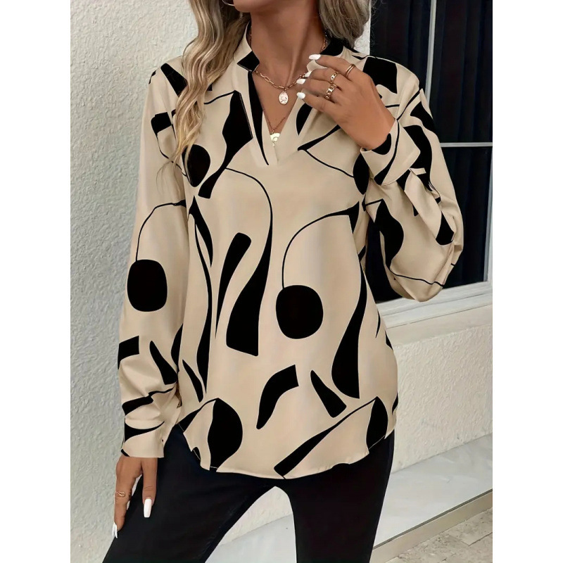 In-Stock Amazon European and American Cross-Border Wish Foreign Trade Women's Printed Notched Collar Shirt Casual Long-Sleeve Shirt Top