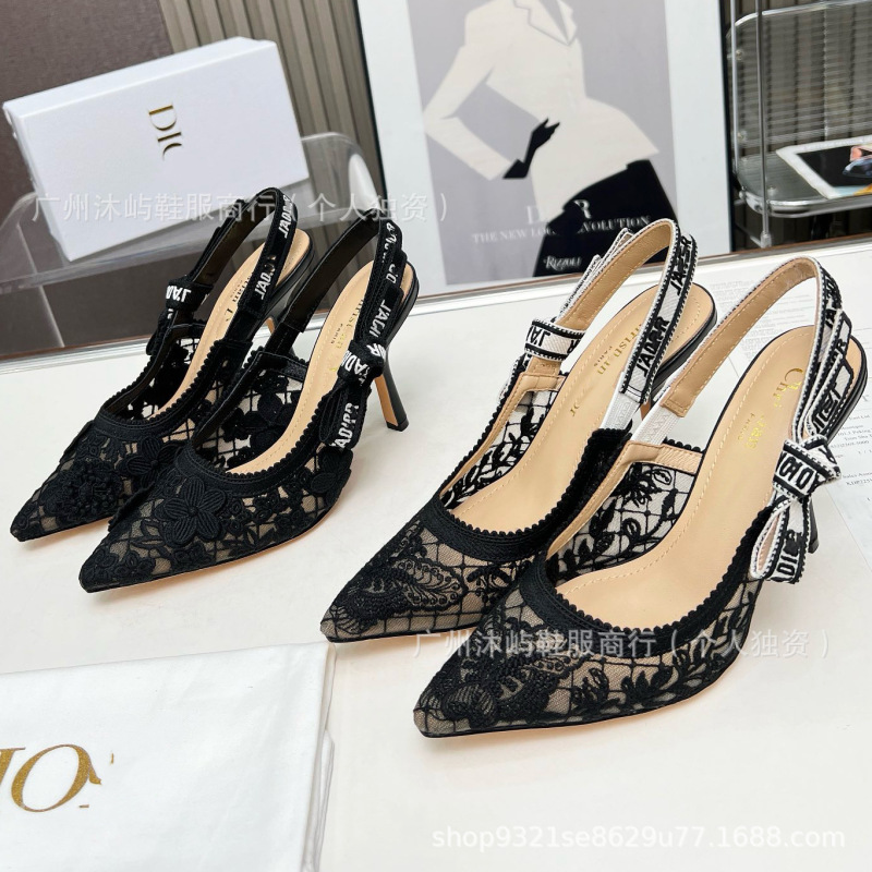 High Version D~Jia Letter Lace Cut Out Flats Shoes Floral Embroider Mesh Pointed Toe Elegant Stiletto High Heels for Women