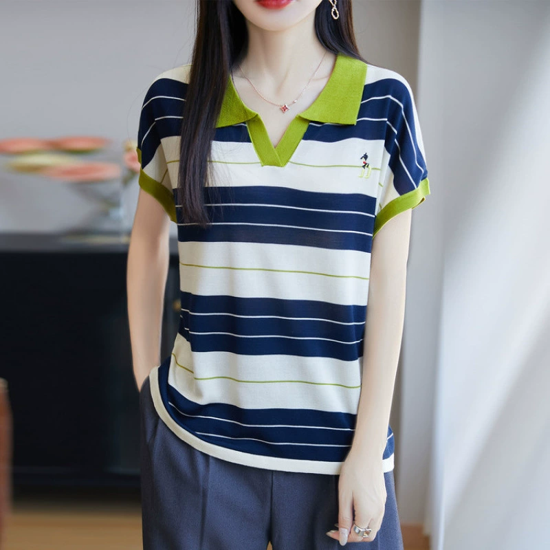 Повседневная одежда с воротником-поло контрастного цвета в полоску, топы с короткими рукавами для женщин, летние маленькие футболки с короткими рукавами на правое плечо