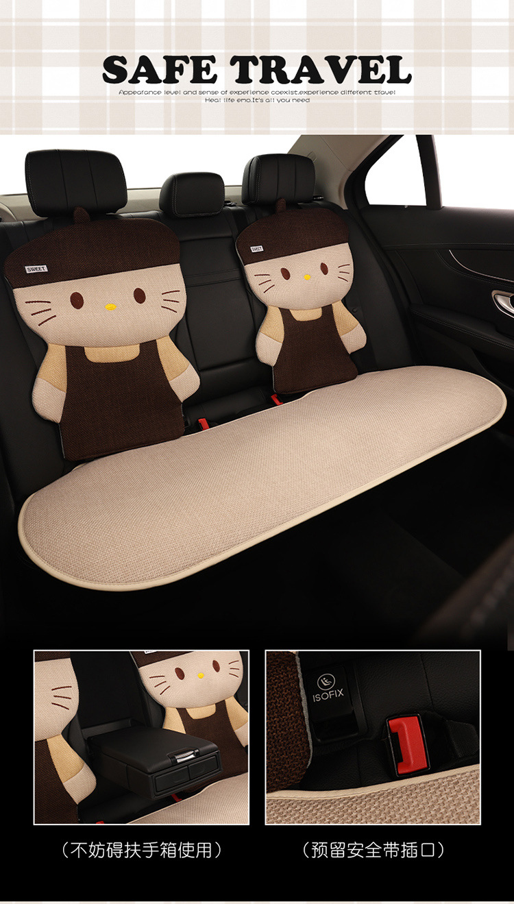 Four Seasons Linen Car Seat Cushion Cute Hat Cat Skin-Friendly Breathable Rear Seat Single Universal Seat Cushion Seven-Piece Set