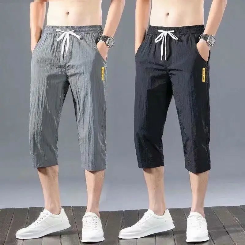 Thin Summer Capri Pants Men's Ice Silk Casual All-match Shorts plus size Loose Sports Pants Korean Fashionable
