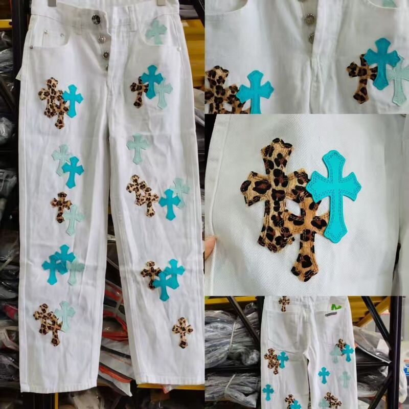 Crochet Leather White Straight-Leg Cross Loose Jeans Trendy American High Street Unisex Washed Pants Crochet Leather White Straight-Leg Cross Loose Jeans Trendy American High Street Unisex Washed Pants