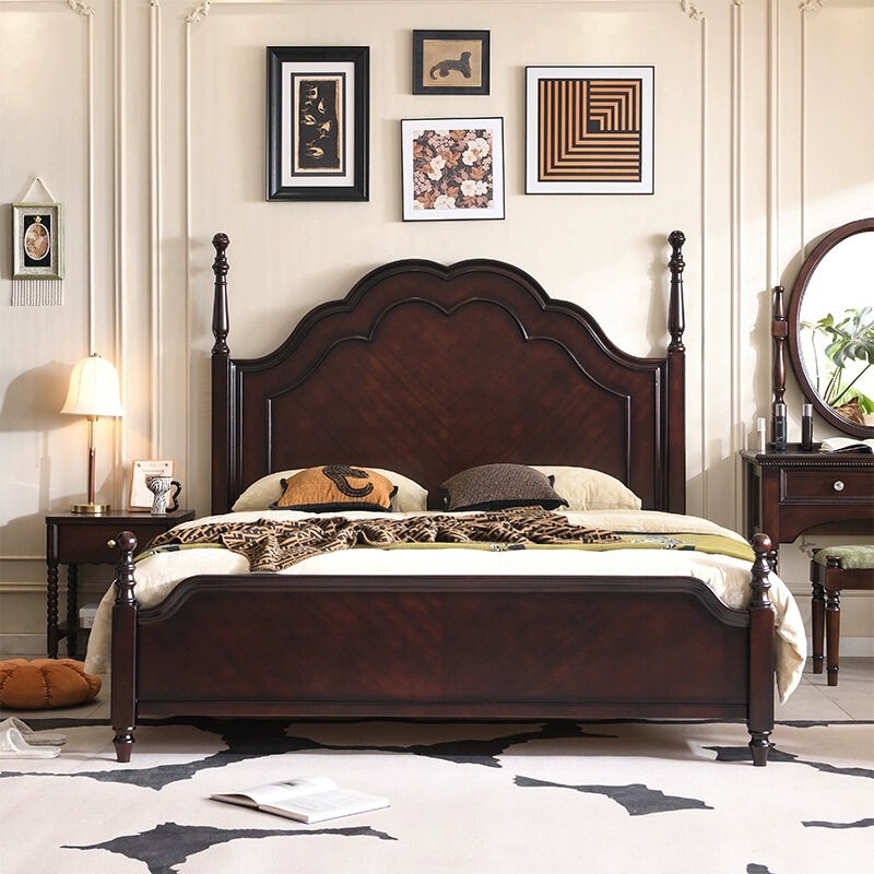 Medieval Style Solid Wood Bed 1.8m Double Bed Simple American Bed Retro Master Bedroom Accessible Luxury Wedding Bed High Box Storage Medieval Style Solid Wood Bed 1.8m Double Bed Simple American Bed Retro Master Bedroom Accessible Luxury Wedding Bed High Box Storage