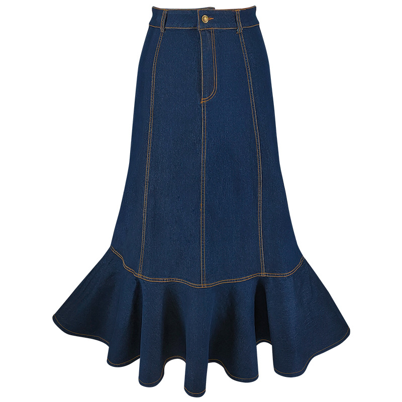 Women's Button-Down Denim Mermaid Skirt, Stretchy Washed Denim Maxi Skirt With Flared Hem, Elegant Tailored Fit_ecoleips.com