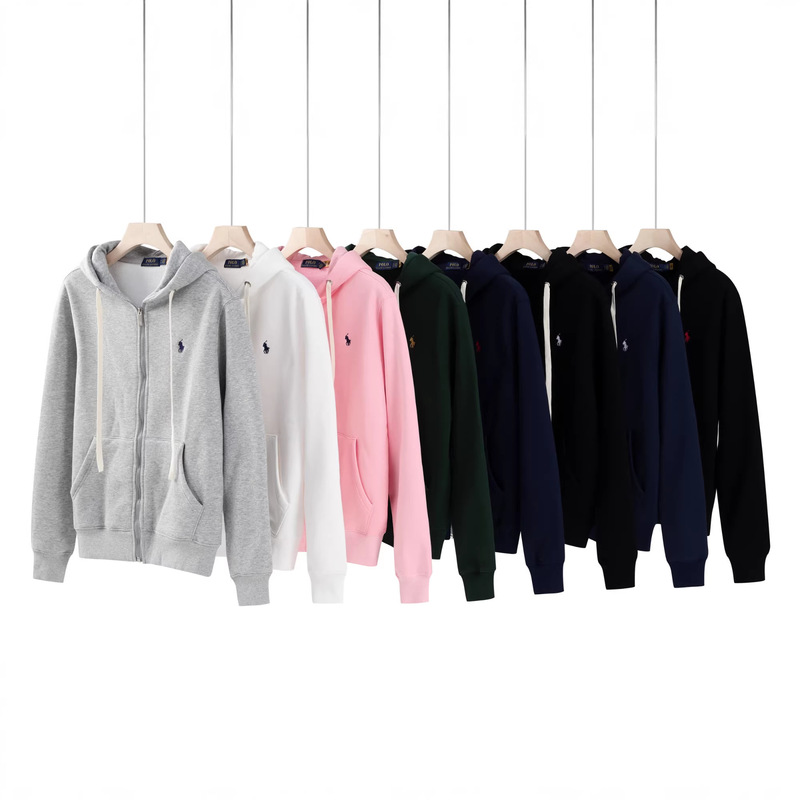 Cross-Border Fleece-Lined Jacket Autumn and Winter Rl Hooded Cardigan Solid Color Sweatshirt Embroidered Loose Plus-Size Top Men's Jacket