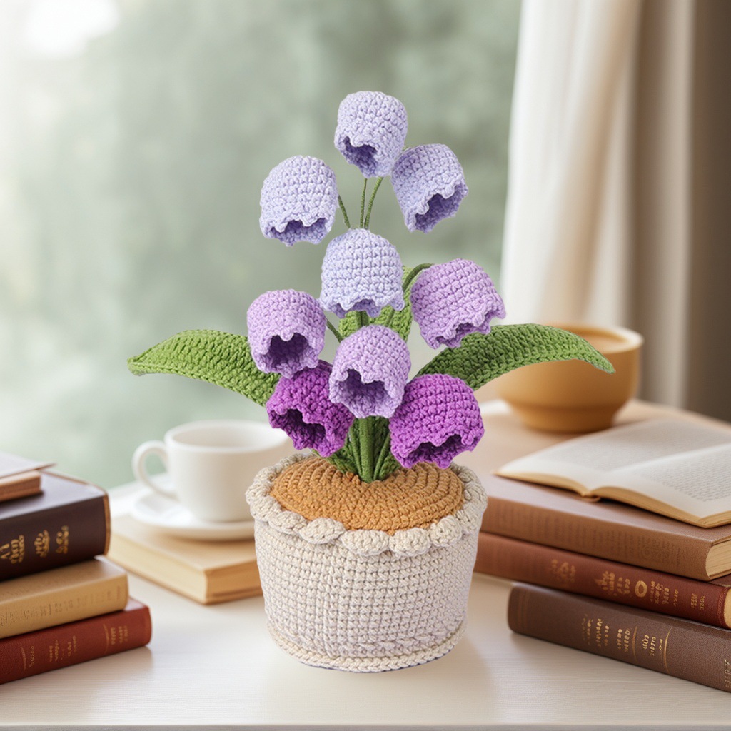 Transfronterizos productos terminados de venta caliente orquídea de campana simulación de gancho artesanal en maceta flor de lana decoración de escritorio de dormitorio