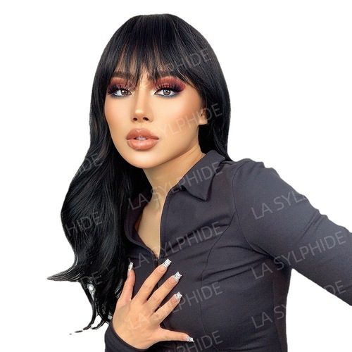 1B Black Long Curly Hair Wig with Parted Bangs for Women European and American Mechanism Wigs Chemical Fiber Full Headgear Manufacturer