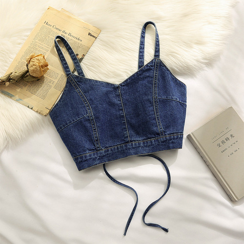 Denim suspender vest for women chic fashion short strap design slim fit beautiful back outer layering top summer