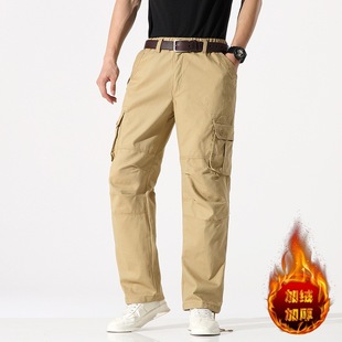 Casual pants fleece-lined elastic waist cotton wear-resistant multi-pocket overalls straight trousers large pocket loose plus size