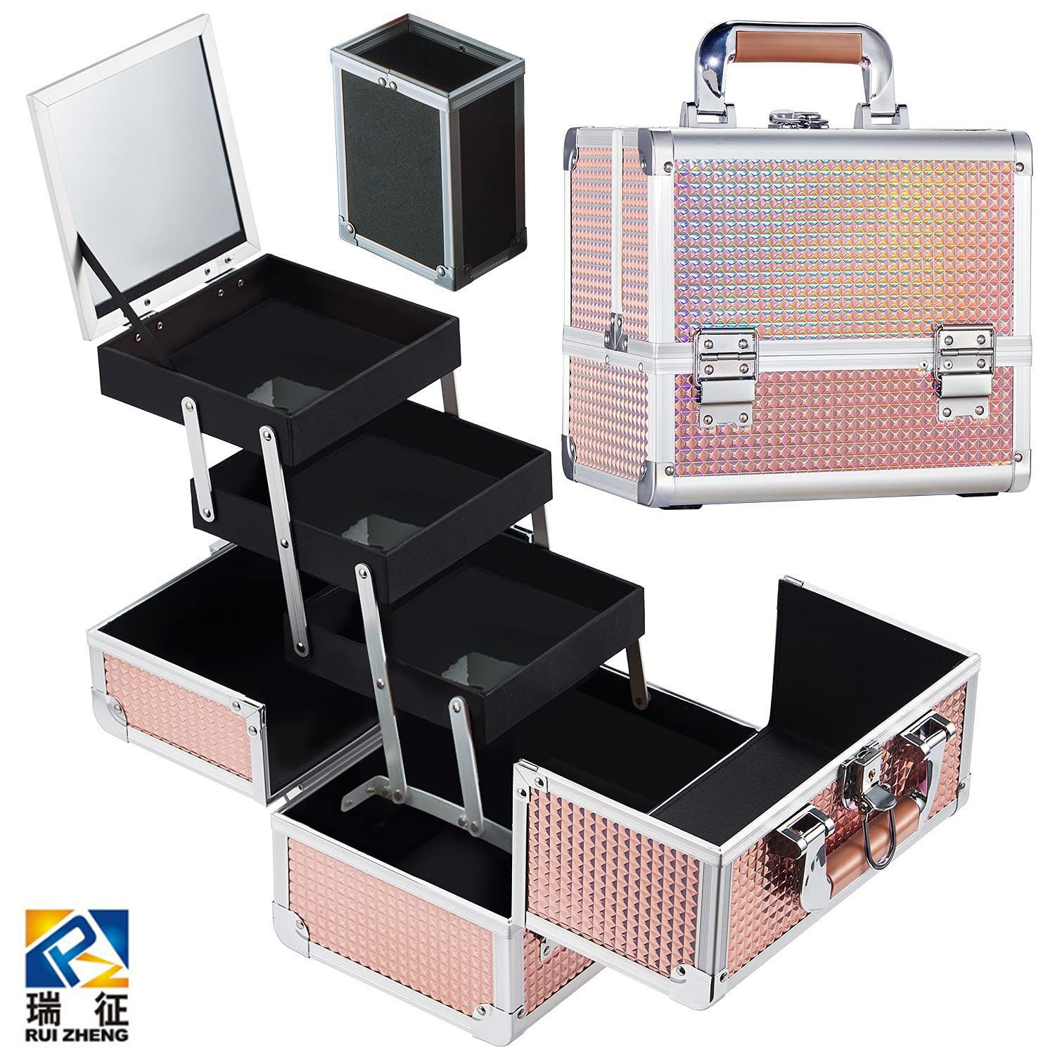 Venta caliente transfronteriza patrón de diamante ABS portátil de aleación de aluminio caja de cosméticos con bandeja espejo esmalte de uñas caja de almacenamiento de gran capacidad