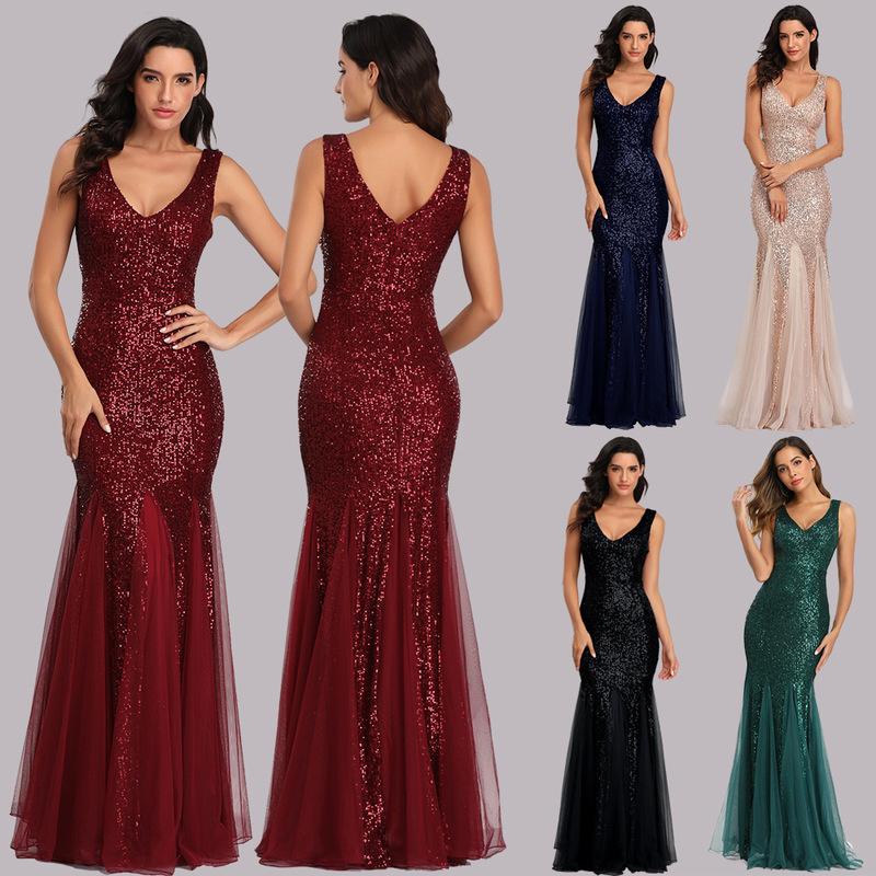 2026 Sequin Splicing Mesh Mermaid Tail Plus Size Evening Dress V-Neck Sleeveless Amazon Prom Party Dress