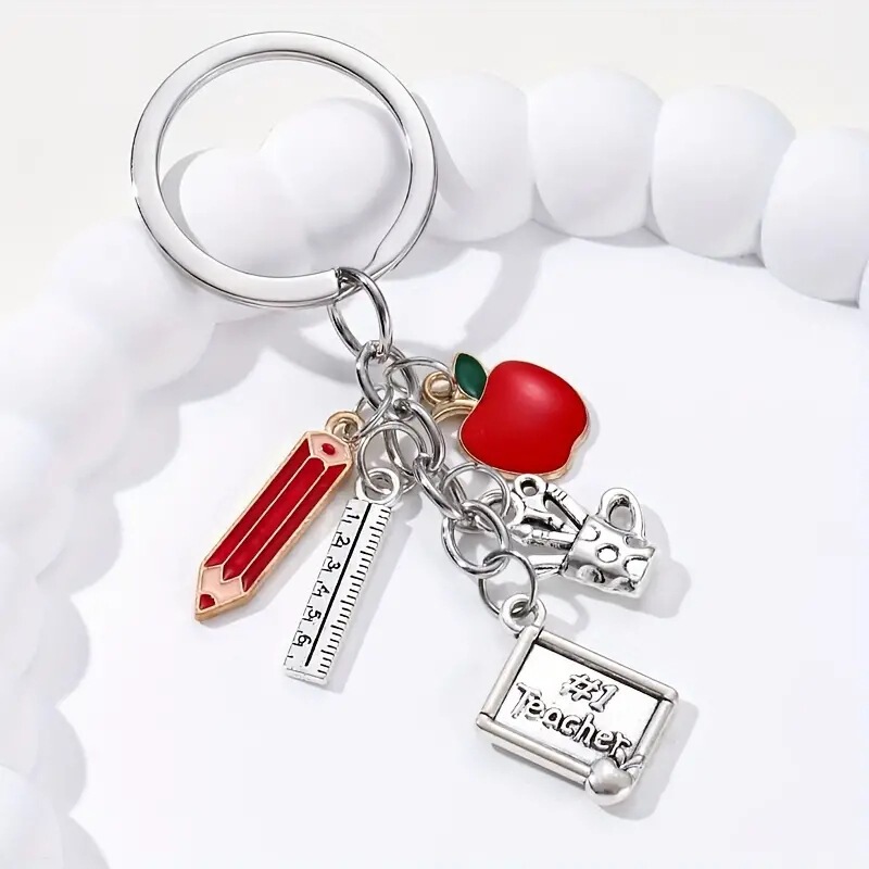 #1Teacher Red Apple Pencil Palette Ruler Pen Holder Teachers' Day Commemorative Key Chain
