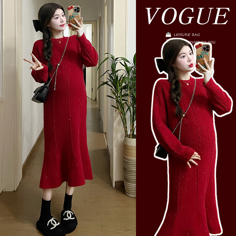 Pregnant women's autumn and winter clothing elegant loose slimming knitted fishtail dress Christmas New year age-reducing high-grade pregnant women's sweater dress Pregnant women's autumn and winter clothing elegant loose slimming knitted fishtail dress Christmas New year age-reducing high-grade pregnant women's sweater dress