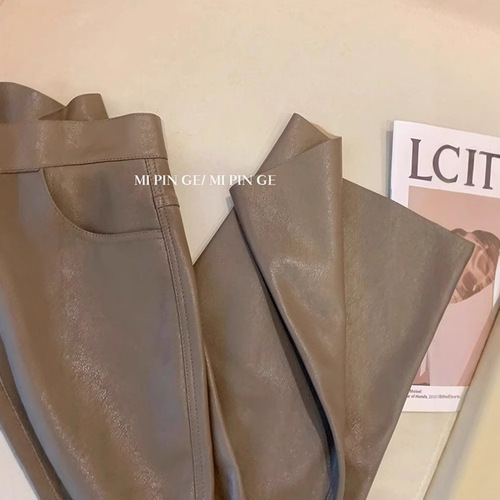 Women's 2025 High-Waisted Straight Brown PU Leather Pants, Small Figure 9/10 Length, Suitable for Spring and Autumn Outwear