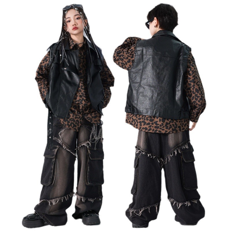 어린이 힙합 패션 의상 소년 세트 힙합 바이커 가죽 의류 소녀들이 거리를 튀기는 것을 과시합니다.