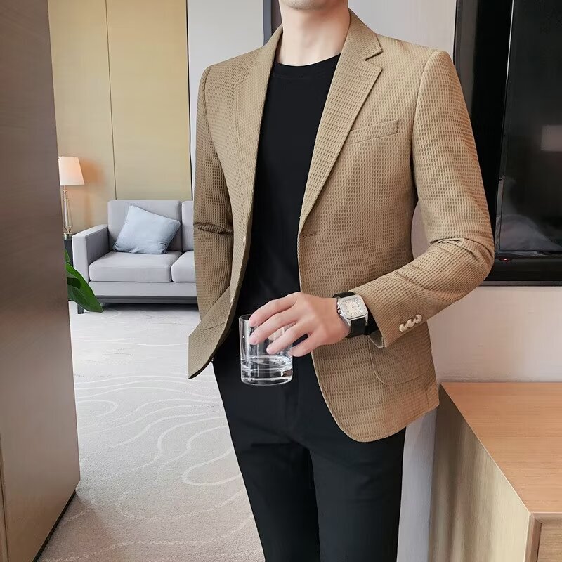 Casual Waffle Casual Suit Jacket Men's British Slim-fit Fashion Business Professional Non-iron Men's Single Western Suit