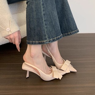 French Elegant Pointed Toe High-Heeled Sandals for Women, Patent Leather Bow, Ladylike Style, Sexy Fairy Stiletto Toe Shoes