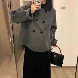 灰色短款呢子大衣女秋冬娃娃领复古加厚小个子韩系赫本风毛呢外套
